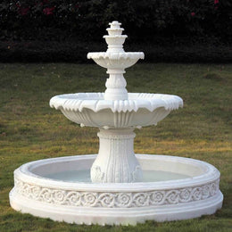 Marmorbrunnen zweistufig, weiße Schalen über Rundbecken, Ansicht 2
