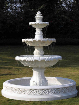Marmorbrunnen zweistufig, weiße Schalen über Rundbecken, Ansicht 3