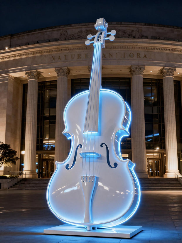 Edelstahlskulptur Cello, beleuchtet