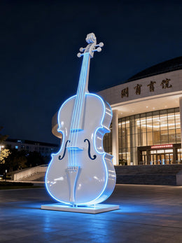Edelstahlskulptur Cello, beleuchtet, Ansicht 2