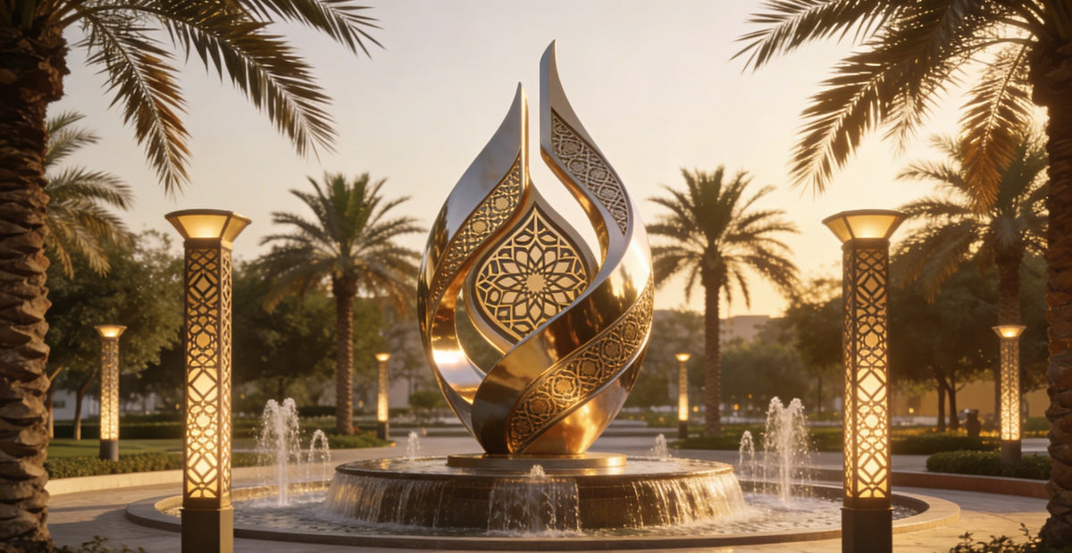 Edelstahlskulptur Flamme mit Kalligrafie
