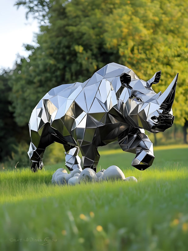 Edelstahlskulptur Nashorn, geometrisch
