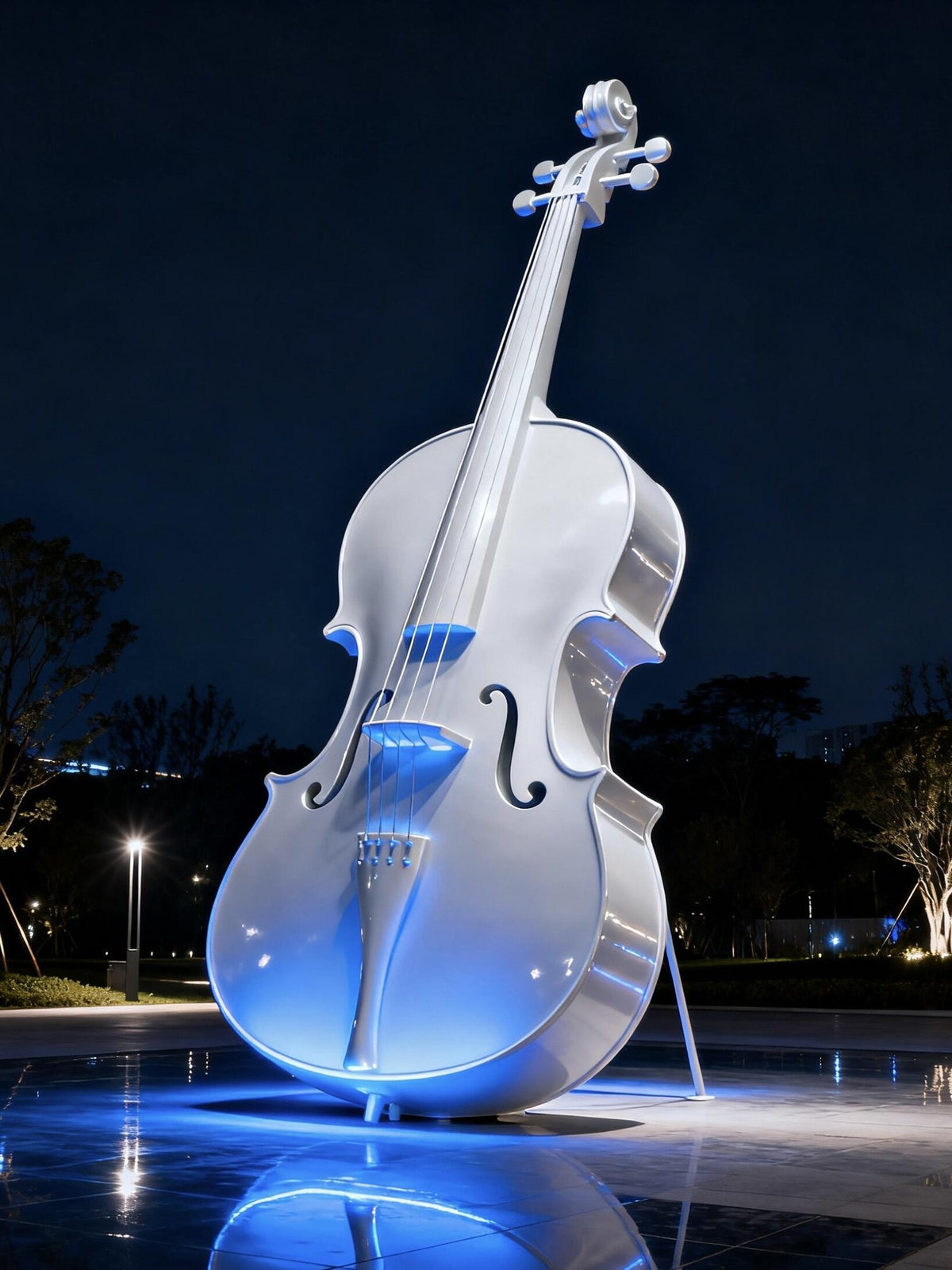 Edelstahlskulptur Violine, beleuchtet
