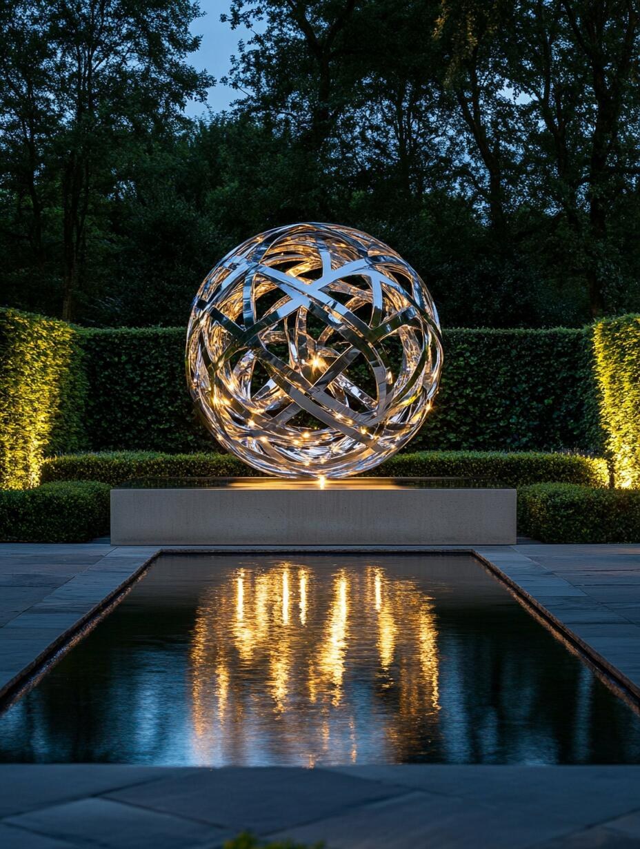 Edelstahlskulptur Lichtkugel im Heckenrund
