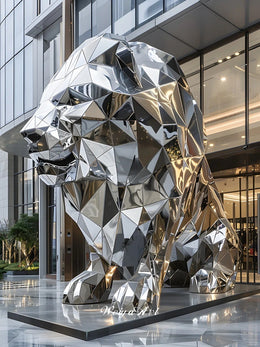 Edelstahlskulptur Löwe, geometrisch, Ansicht 2