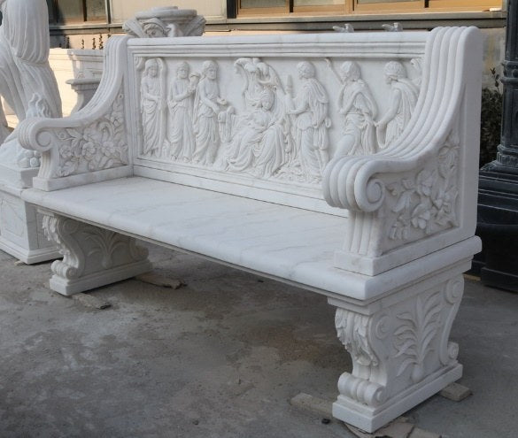 Marmorbank mit Figurenrelief, L 335 cm