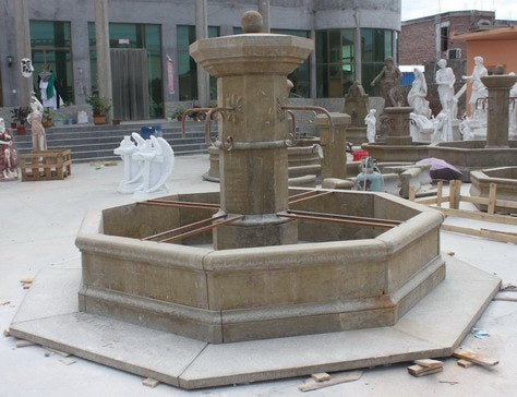 Antikbrunnen Travertin mit Pfeiler, H 205 x Ø 350 cm